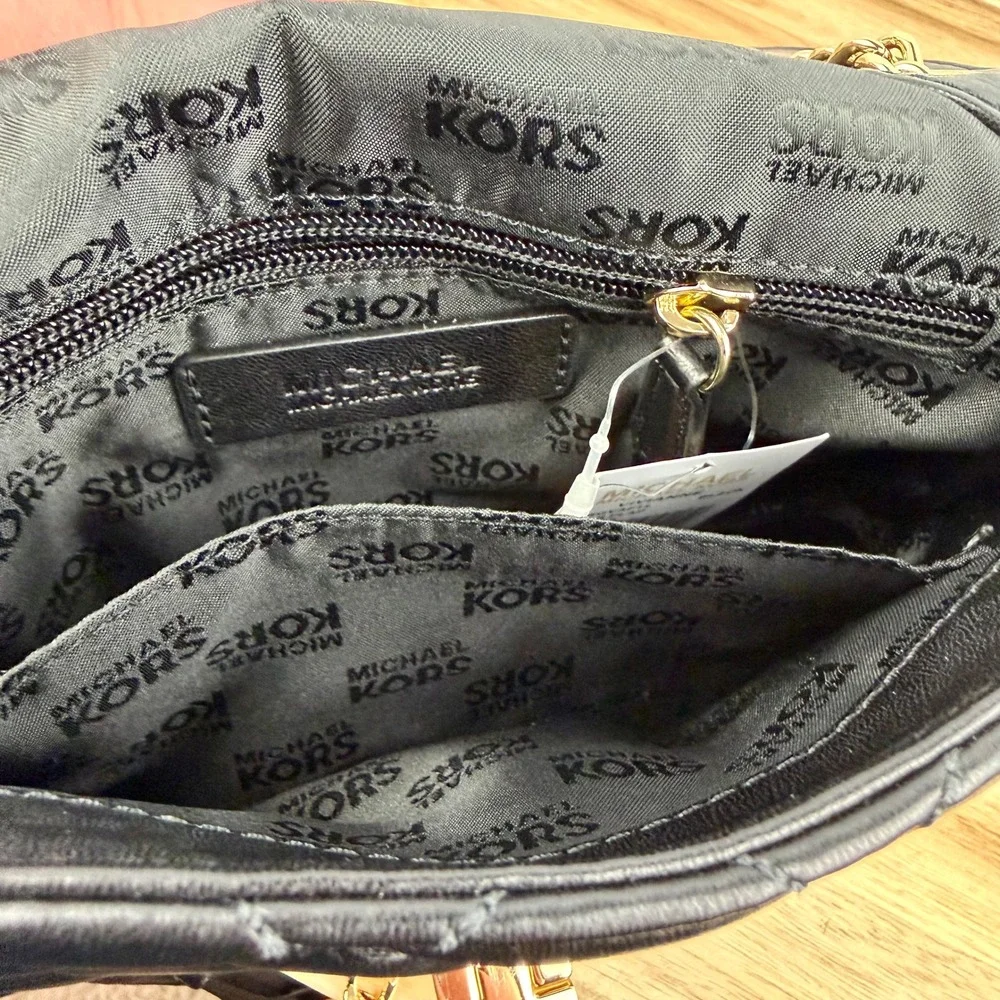 Michael Kors Sloan Quilted Leather Shoulder Bag Black Gold Chain Flap